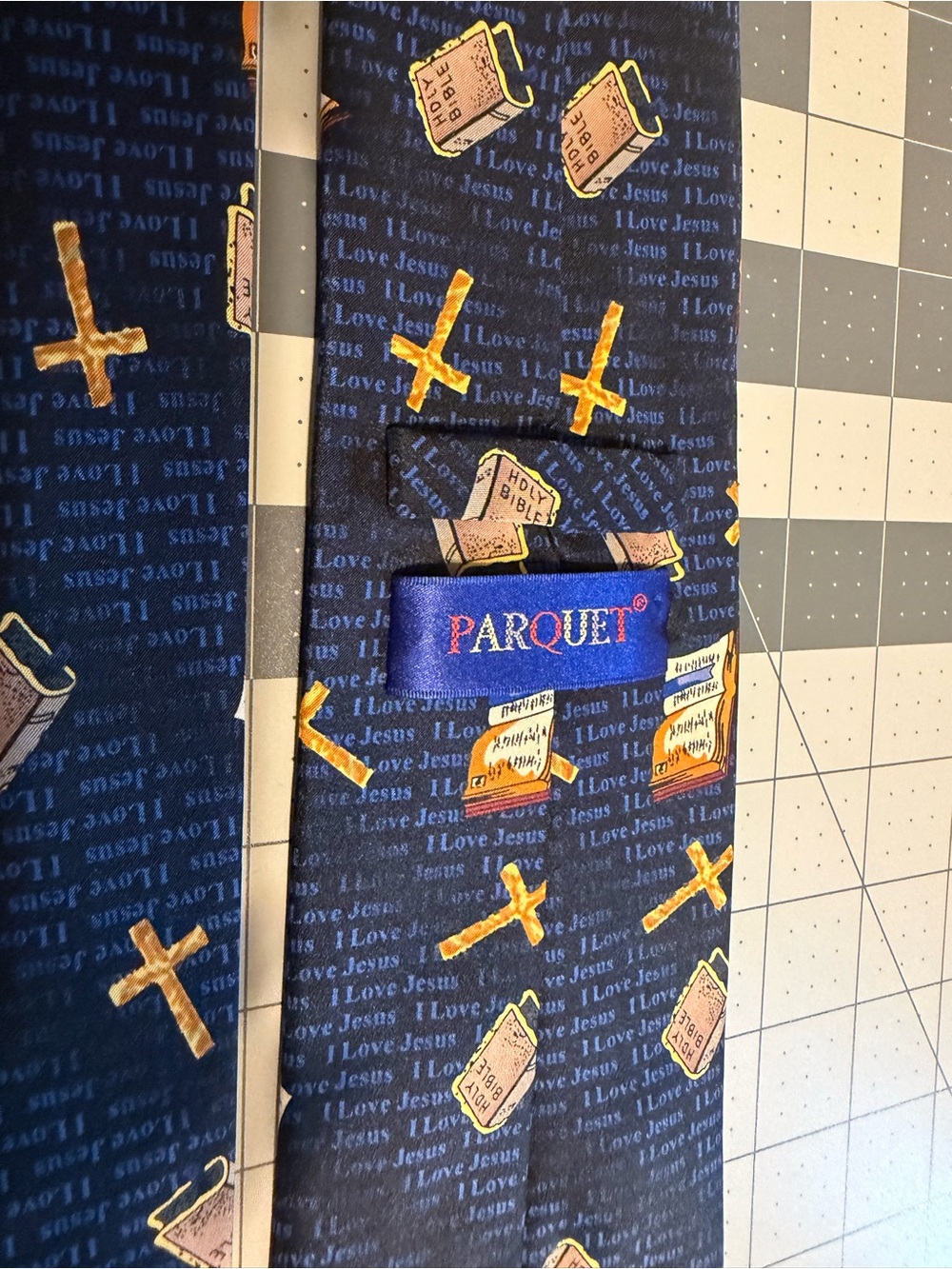 Parquet Men's Navy Religious Print Tie with Gold Accents 222367